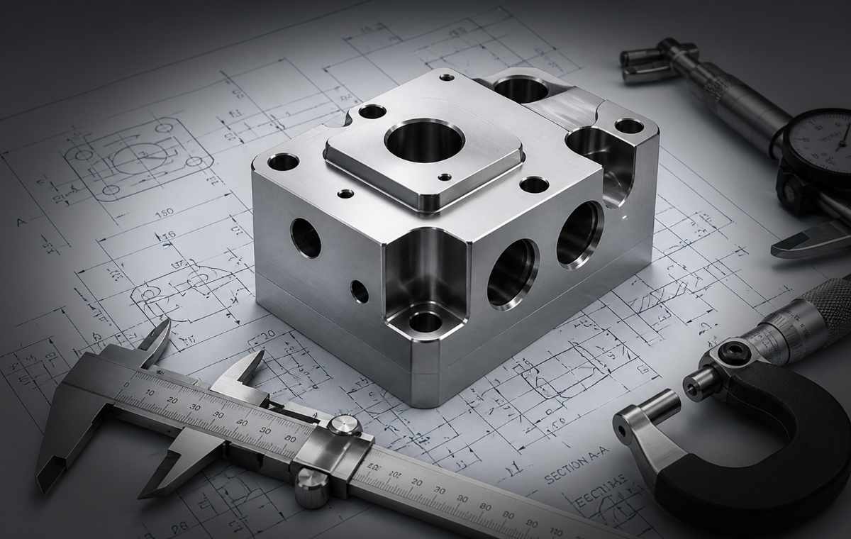 Precision machined part on technical drawings